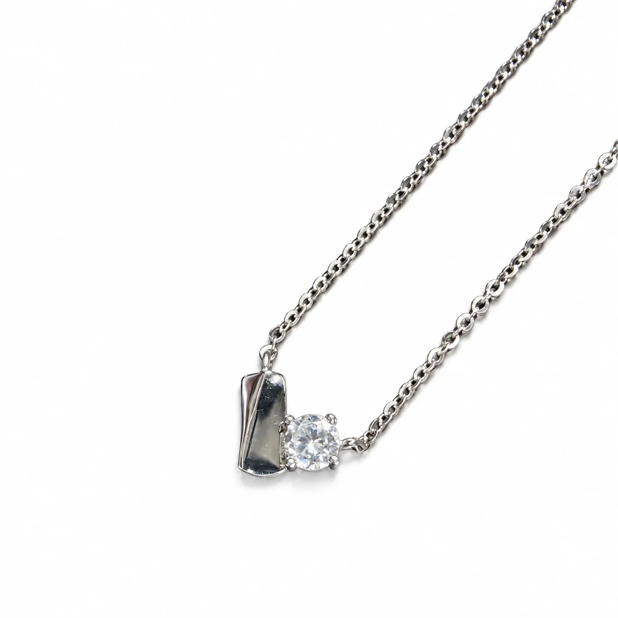 Sculptural 925 Sterling Silver Folded Heart CZ Pendant Necklace