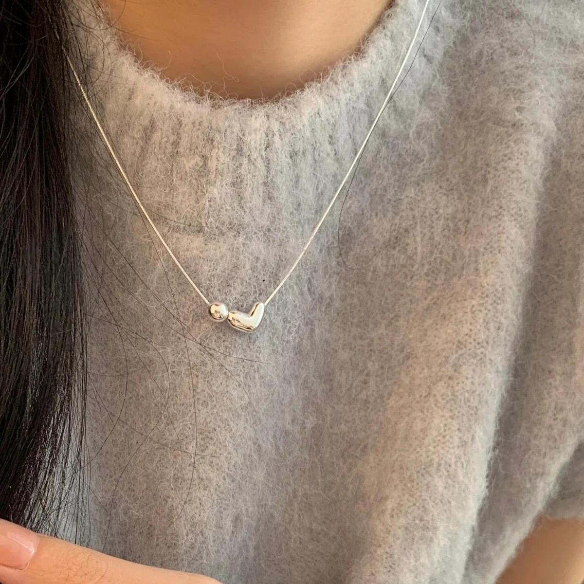 Asymmetric 925 sterling silver Heart Bead Necklace