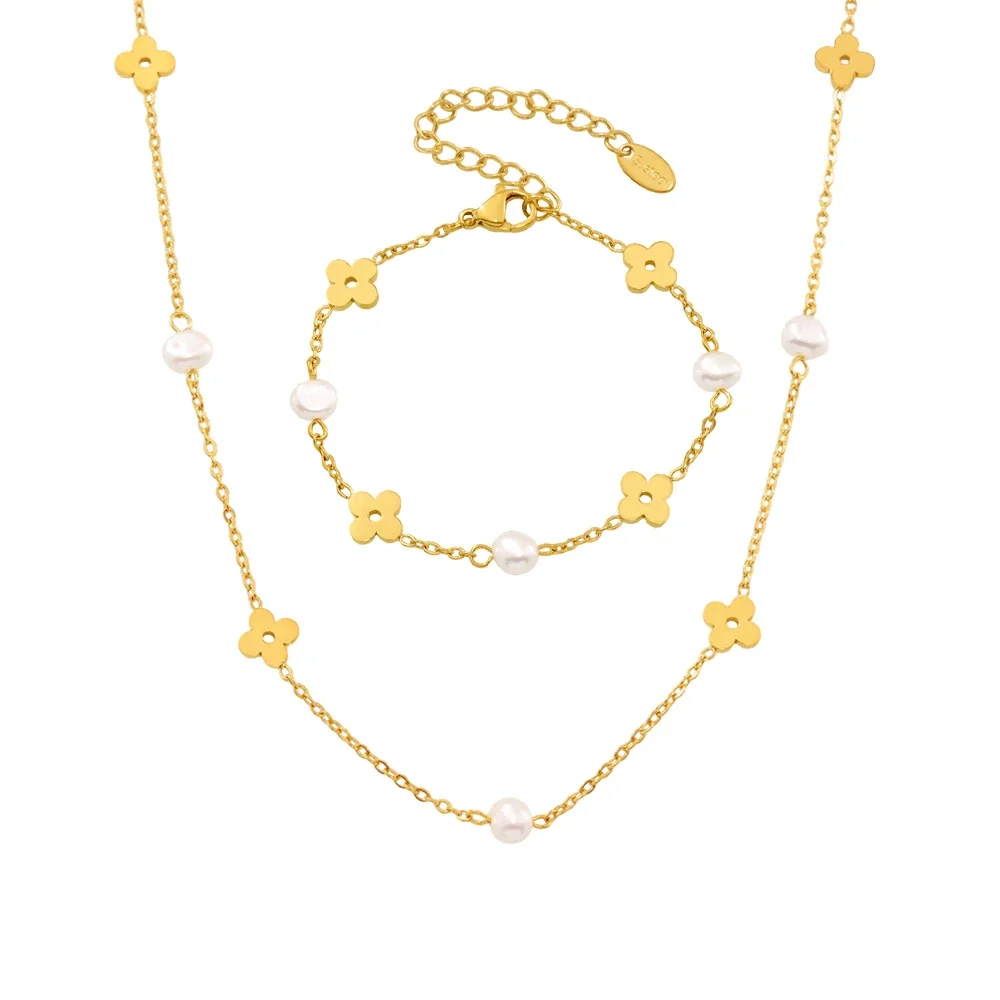 Dainty 18K Gold-Plated Stainless Steel Pearl Flower Chain Necklace & Bracelet