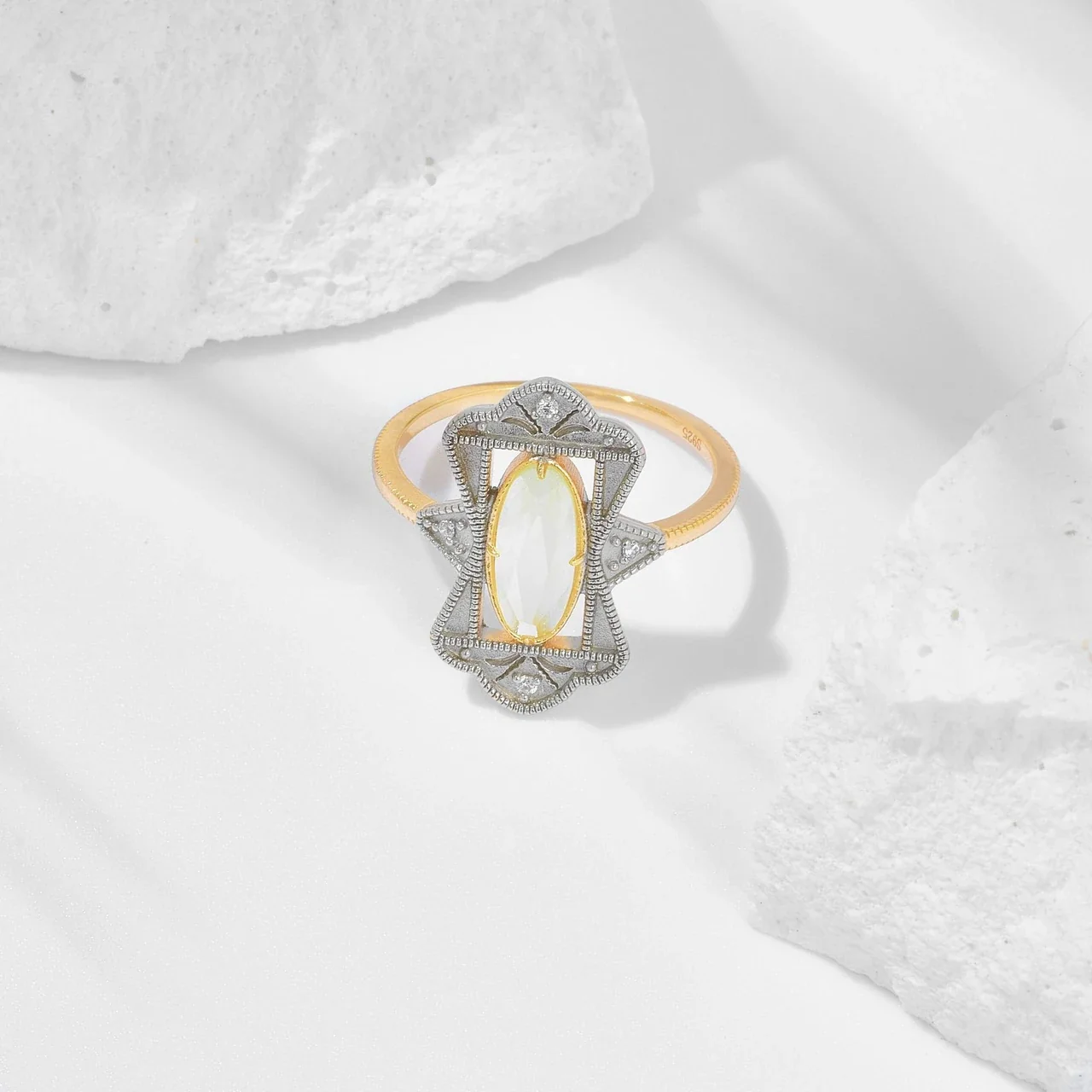 Ornate 925 Sterling Silver Oval Prehnite Milgrain Ring
