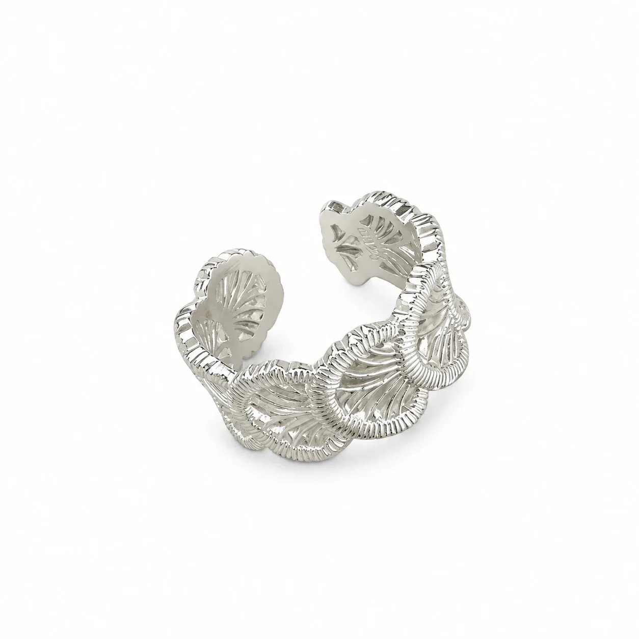 Sculptural 925 Sterling Silver Ribbed Leaf Open Ring