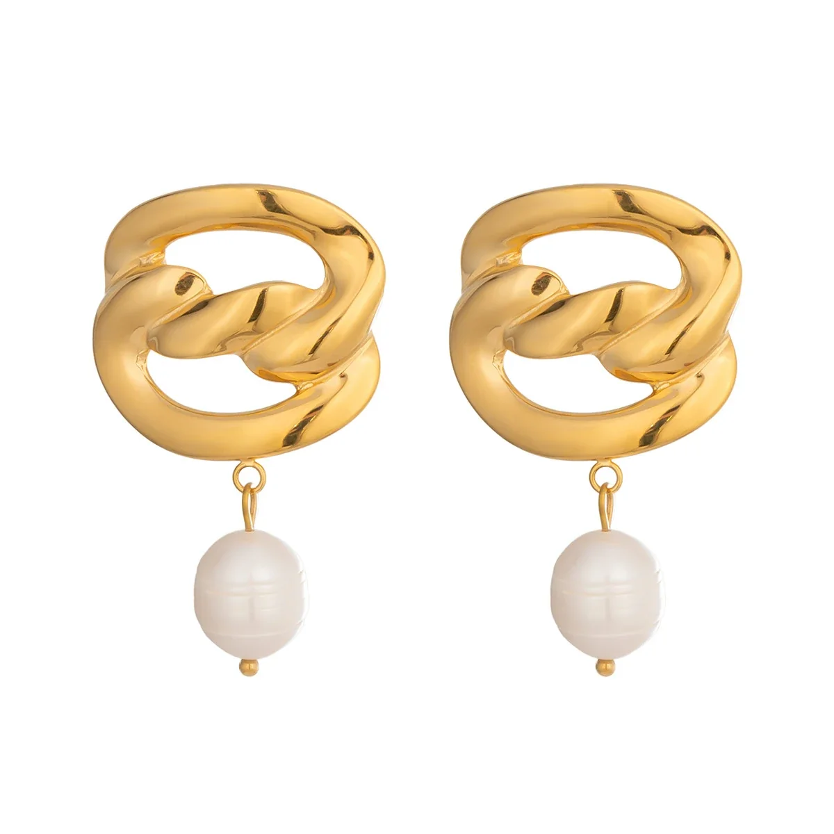 Sculptural Stainless Steel Curb Link Pearl Drop Earrings
