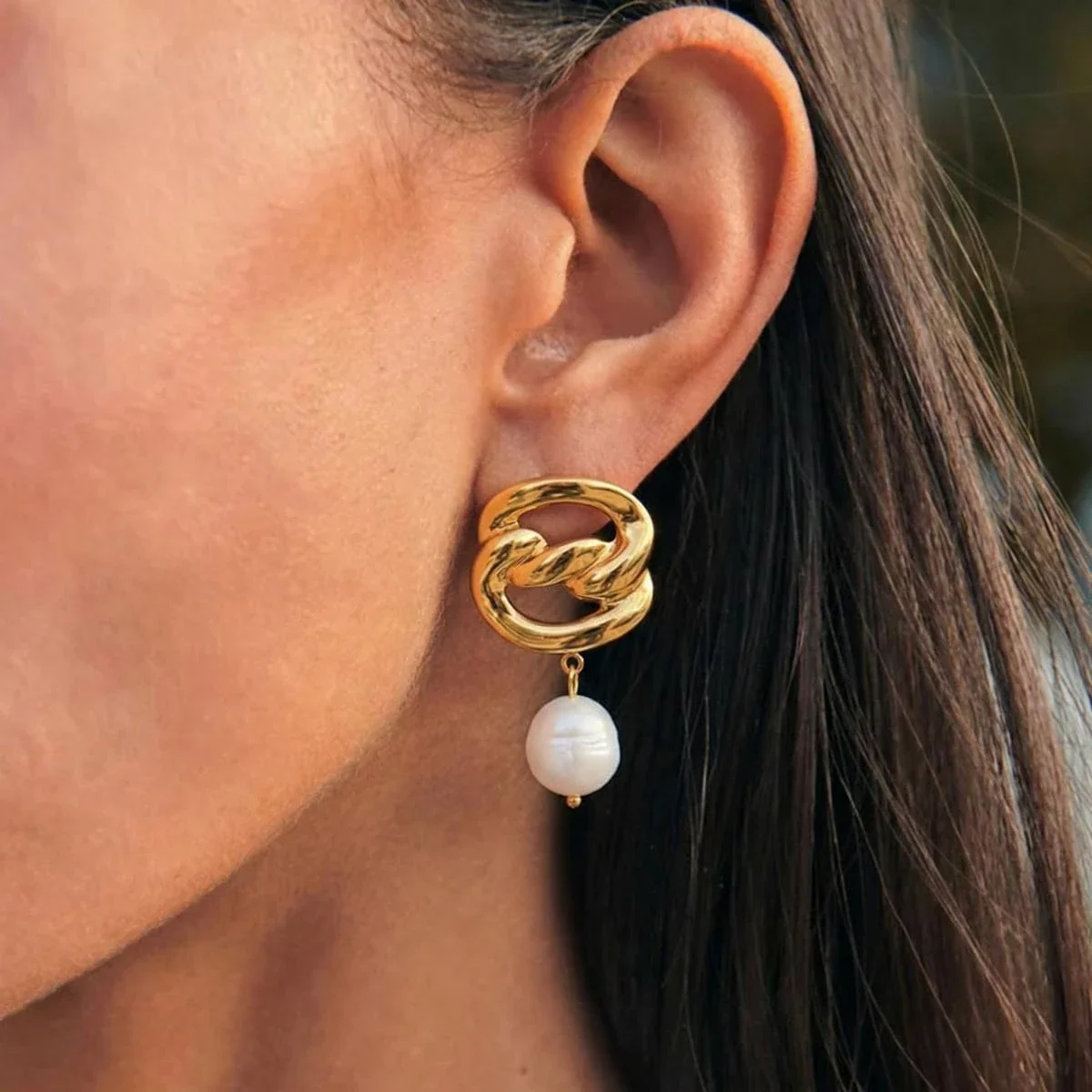 Sculptural Stainless Steel Curb Link Pearl Drop Earrings