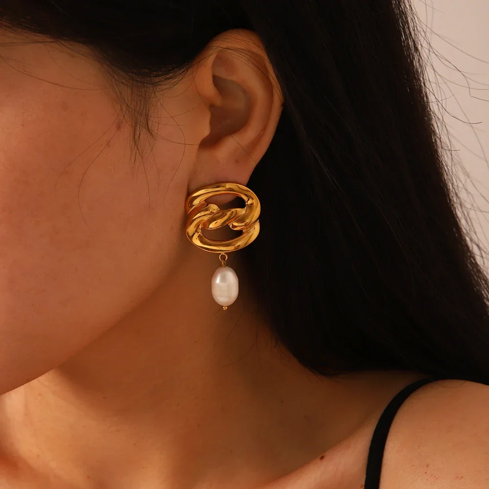 Sculptural Stainless Steel Curb Link Pearl Drop Earrings