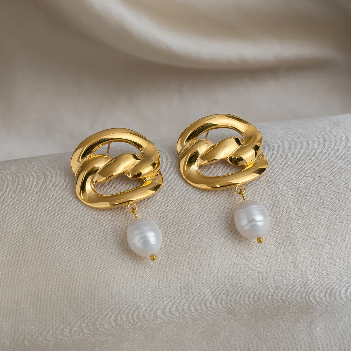 Sculptural Stainless Steel Curb Link Pearl Drop Earrings