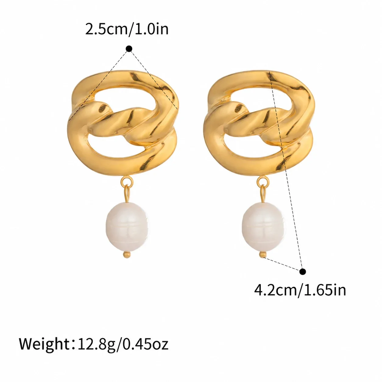 Sculptural Stainless Steel Curb Link Pearl Drop Earrings - Gold