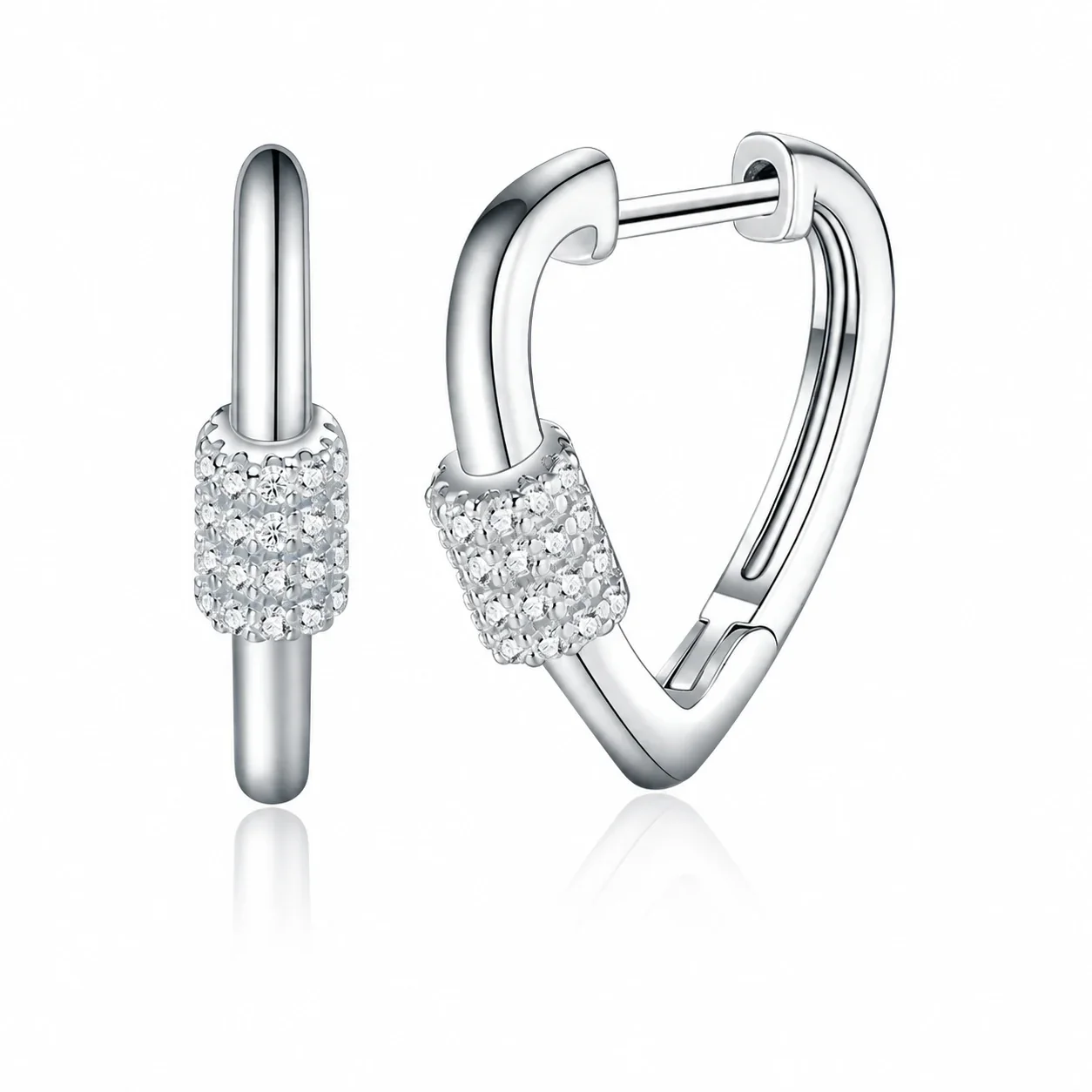 Sleek 925 Sterling Silver Pavé Barrel Heart Hoop Earrings