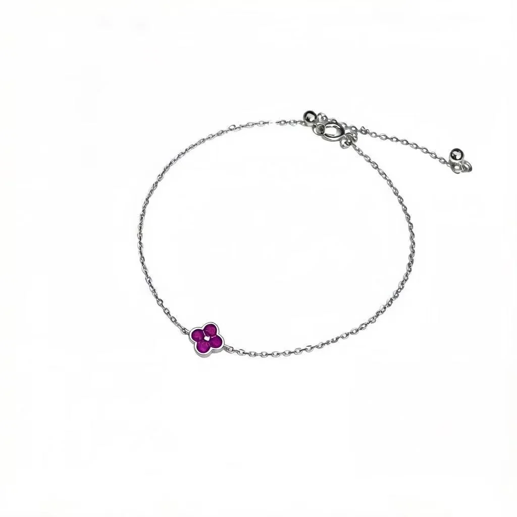 Petite Clover 925 Sterling Silver Fuchsia CZ Chain Bracelet