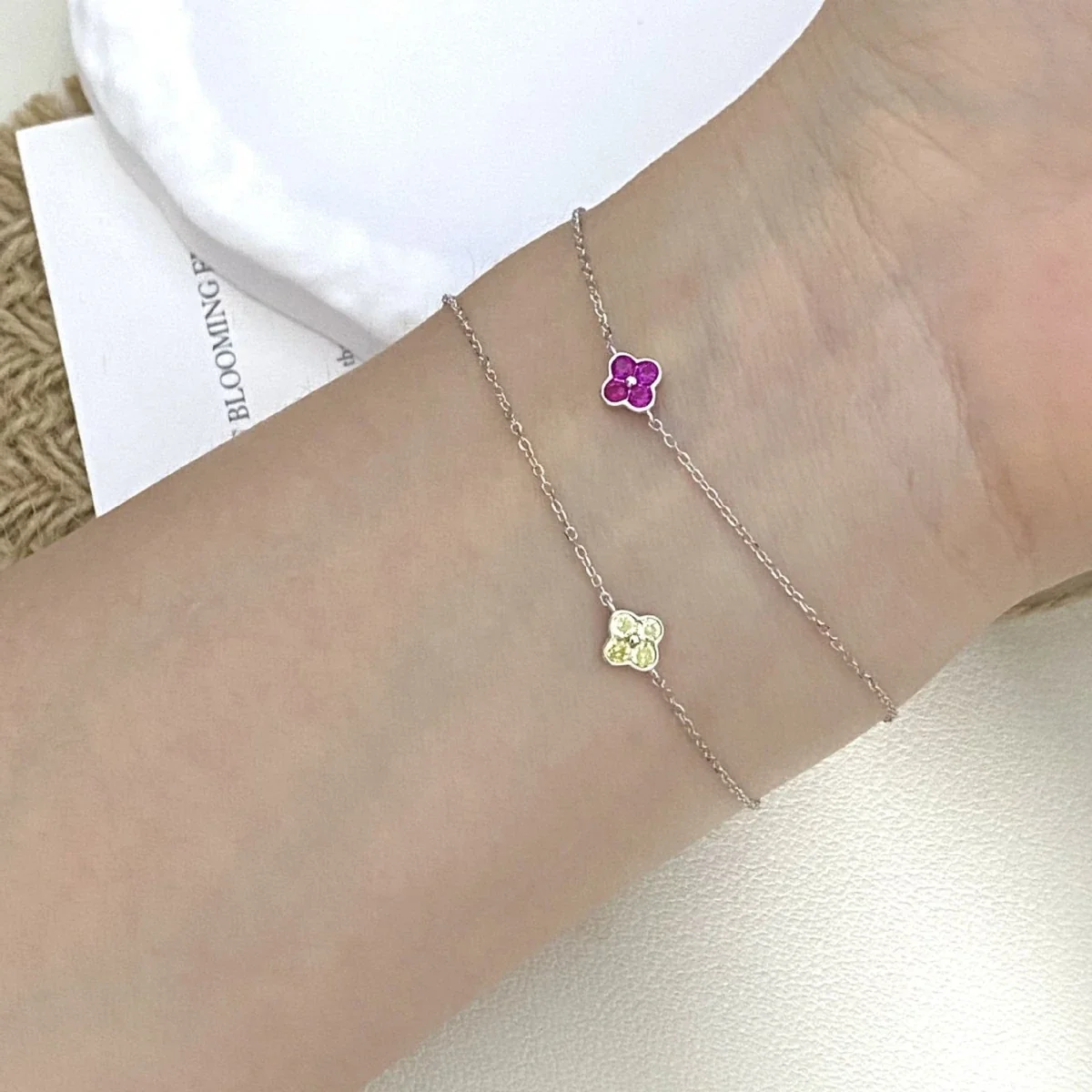 Petite Clover 925 Sterling Silver Fuchsia CZ Chain Bracelet
