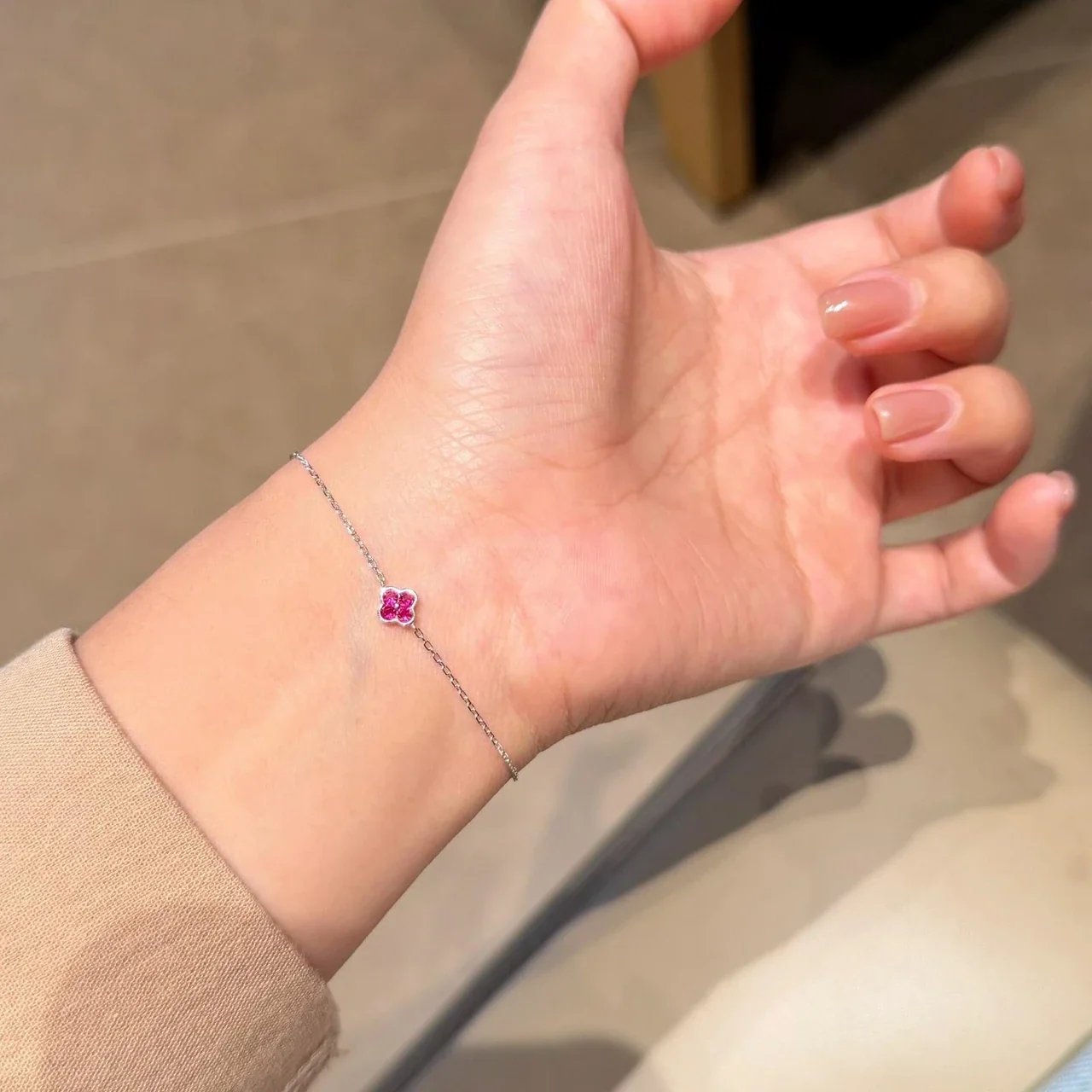 Petite Clover 925 Sterling Silver Fuchsia CZ Chain Bracelet