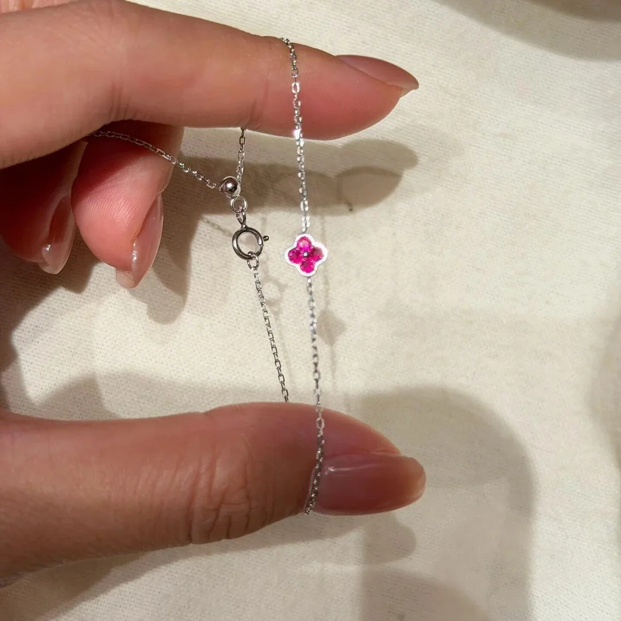 Petite Clover 925 Sterling Silver Fuchsia CZ Chain Bracelet