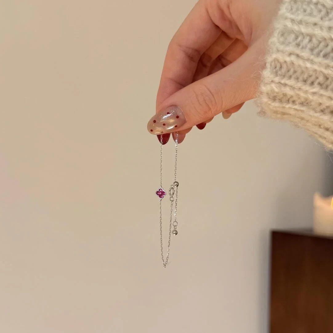 Petite Clover 925 Sterling Silver Fuchsia CZ Chain Bracelet