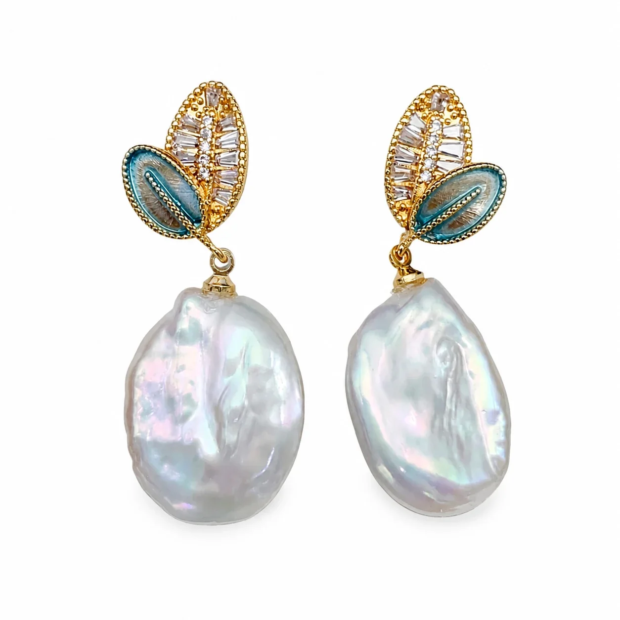 Botanical Leaf Gold-Plated Baroque Freshwater Pearl Drop Earrings