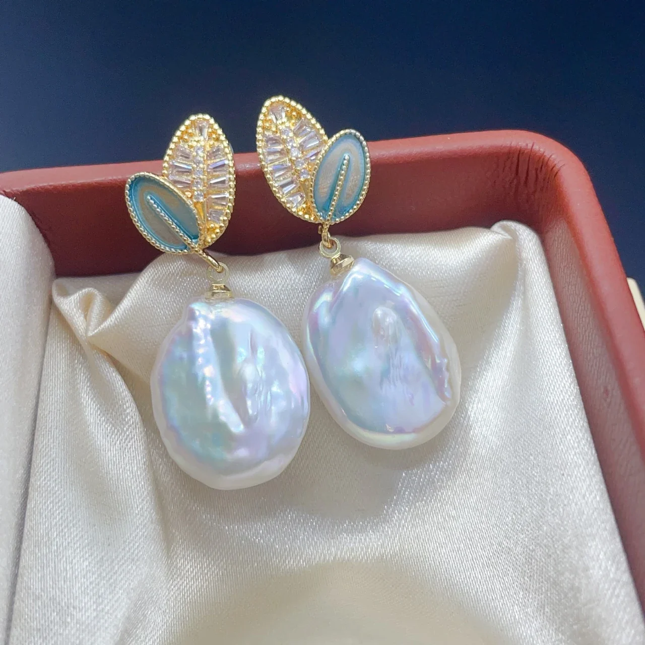 Botanical Leaf Gold-Plated Baroque Freshwater Pearl Drop Earrings