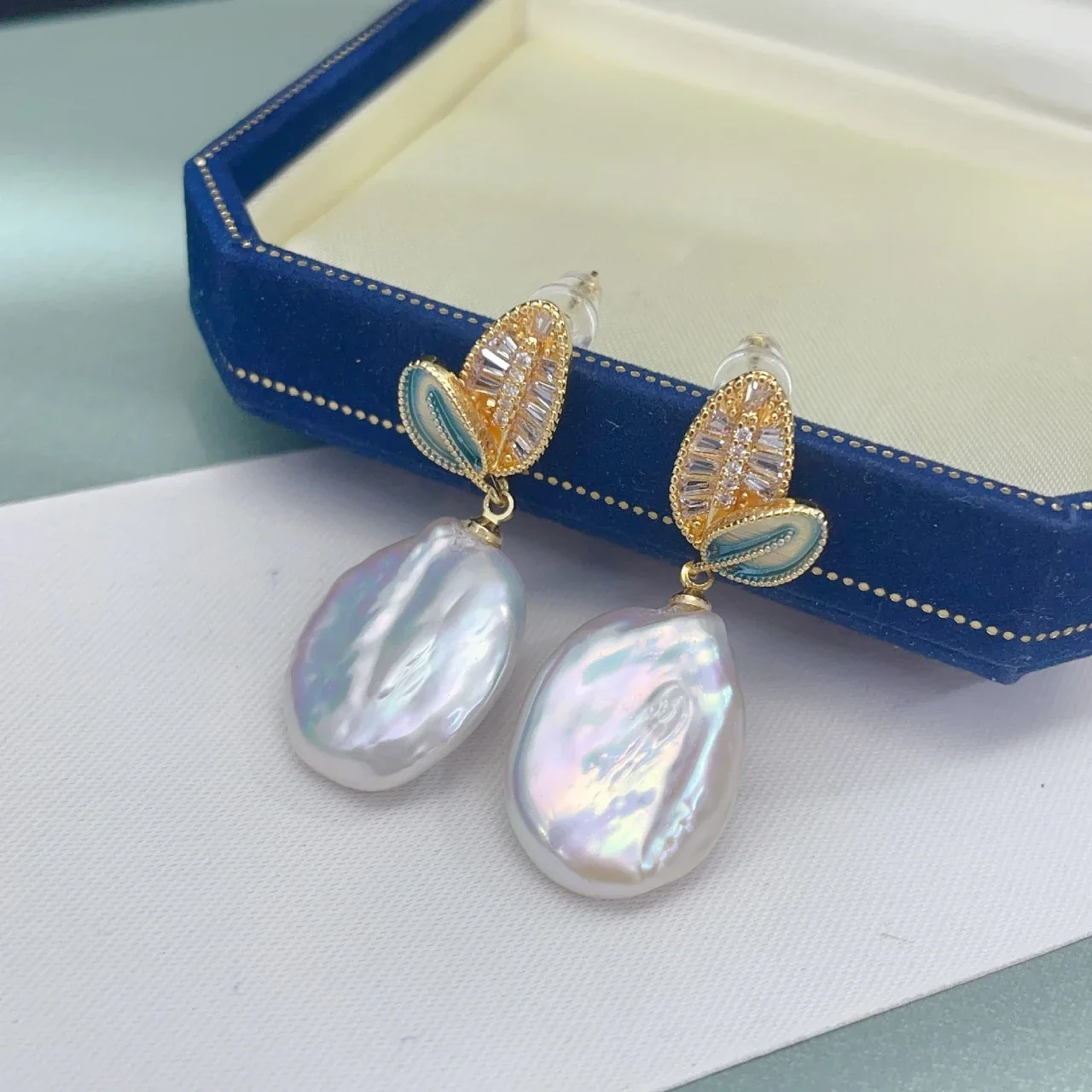 Botanical Leaf Gold-Plated Baroque Freshwater Pearl Drop Earrings