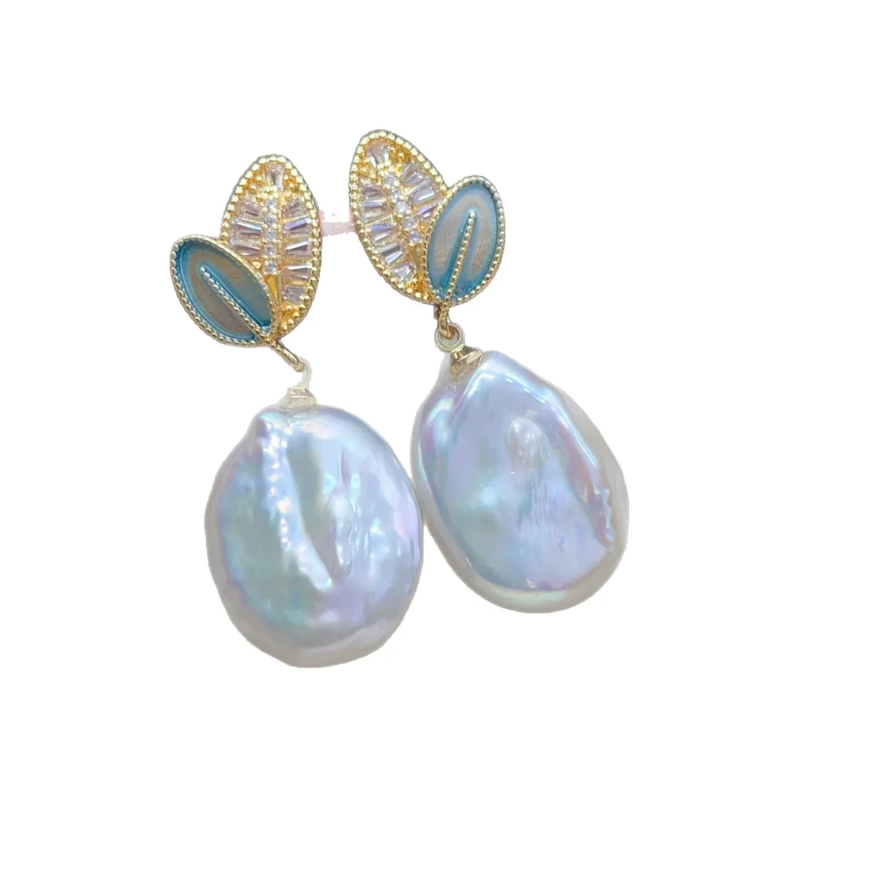 Botanical Leaf Gold-Plated Baroque Freshwater Pearl Drop Earrings