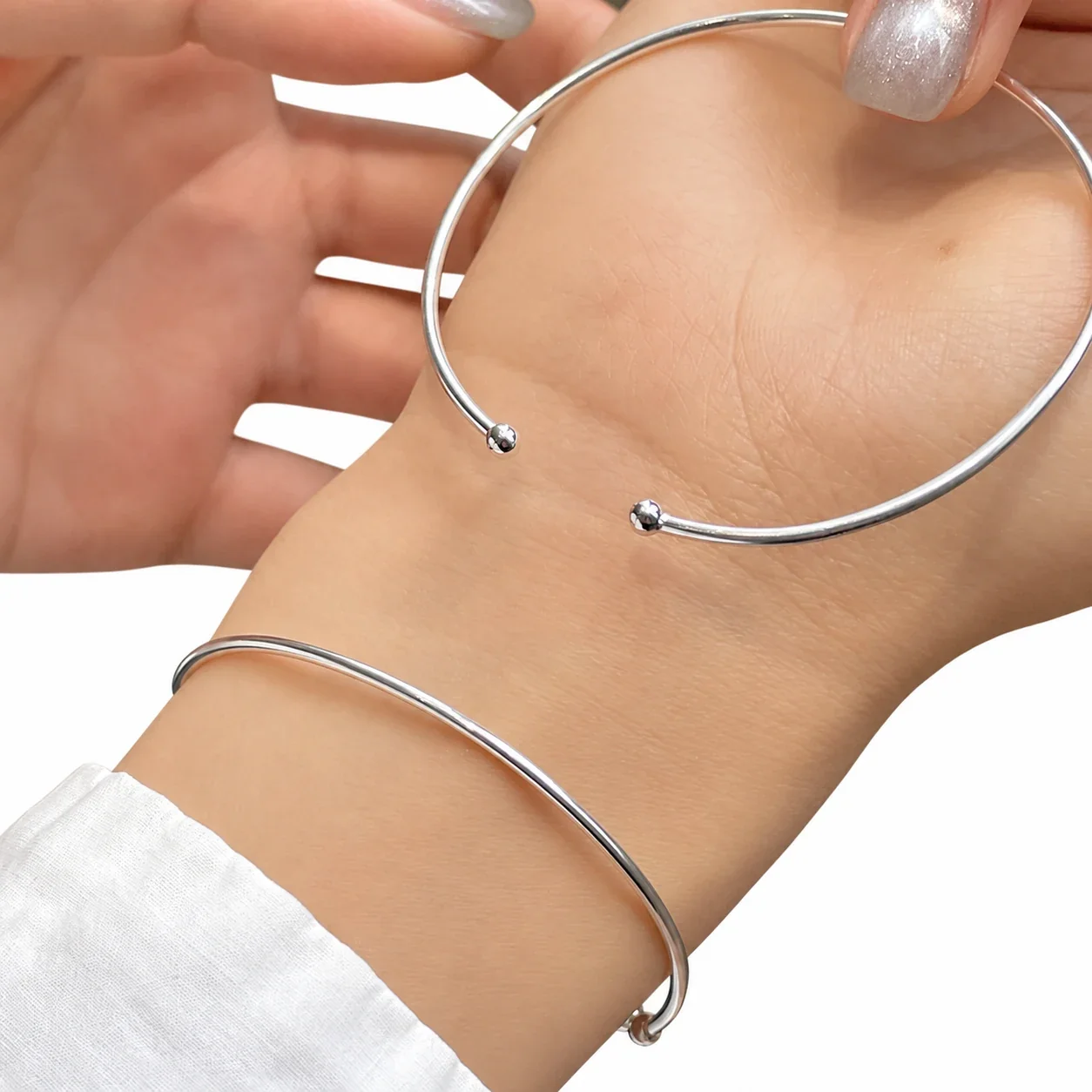 Minimalist 925 Sterling Silver Open Ball-End Bangle