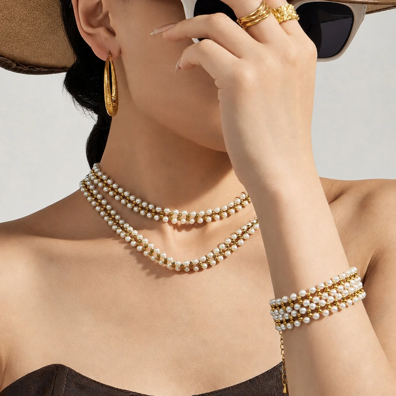 Triple-Row Shell Pearl 18K Gold-Plated Bead Bracelet