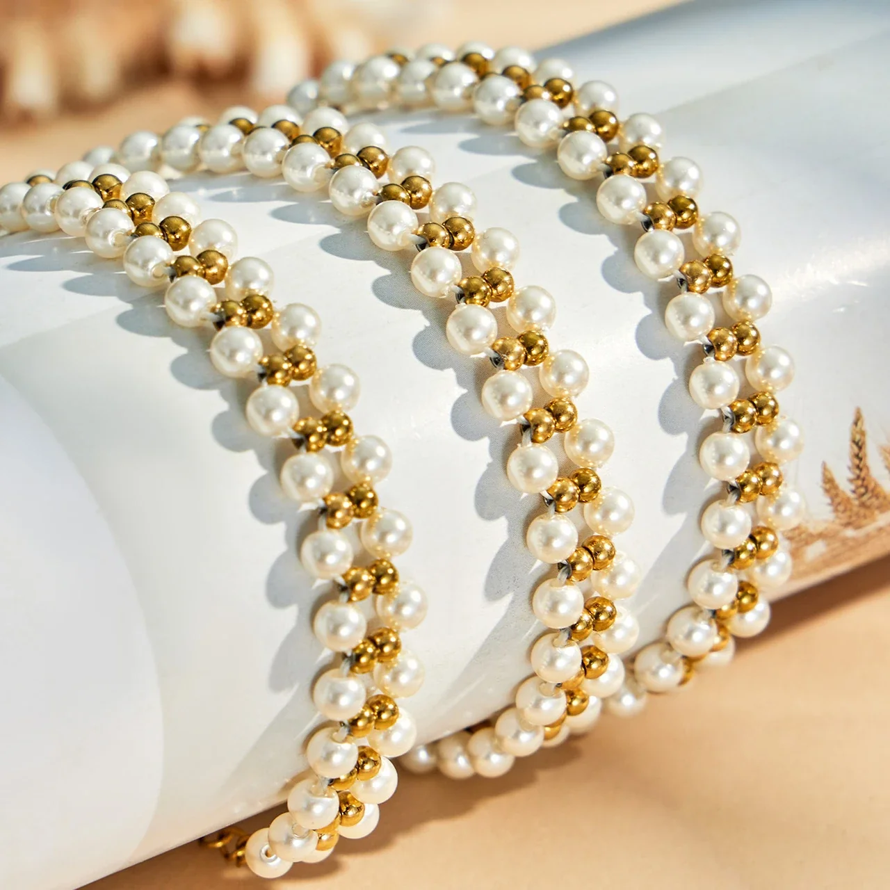 Triple-Row Shell Pearl 18K Gold-Plated Bead Bracelet