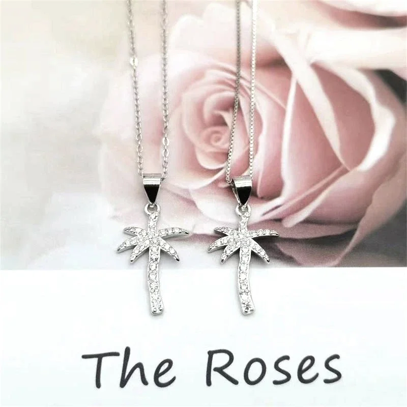 Sparkling 925 Sterling Silver Pavé Palm Tree Pendant Necklace