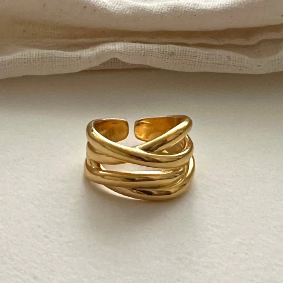Sculptural Gold-Plated Copper Crossover Open-Front Ring - Gold