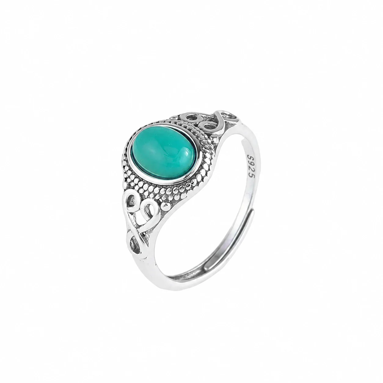 Ornate 925 Sterling Silver Oval Cabochon Scroll Ring - Turquoise Magnesite
