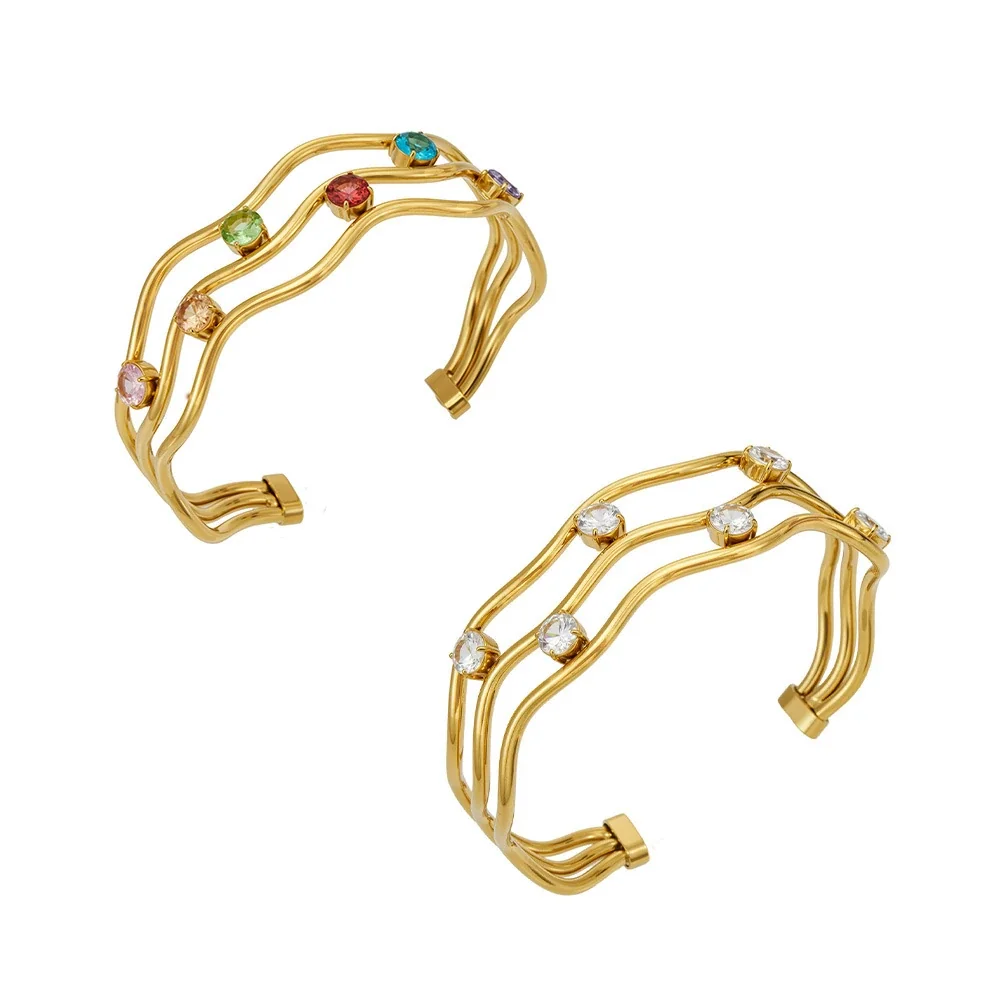 Wavy Triple-Rail 18K Gold-Plated CZ Open Bangle