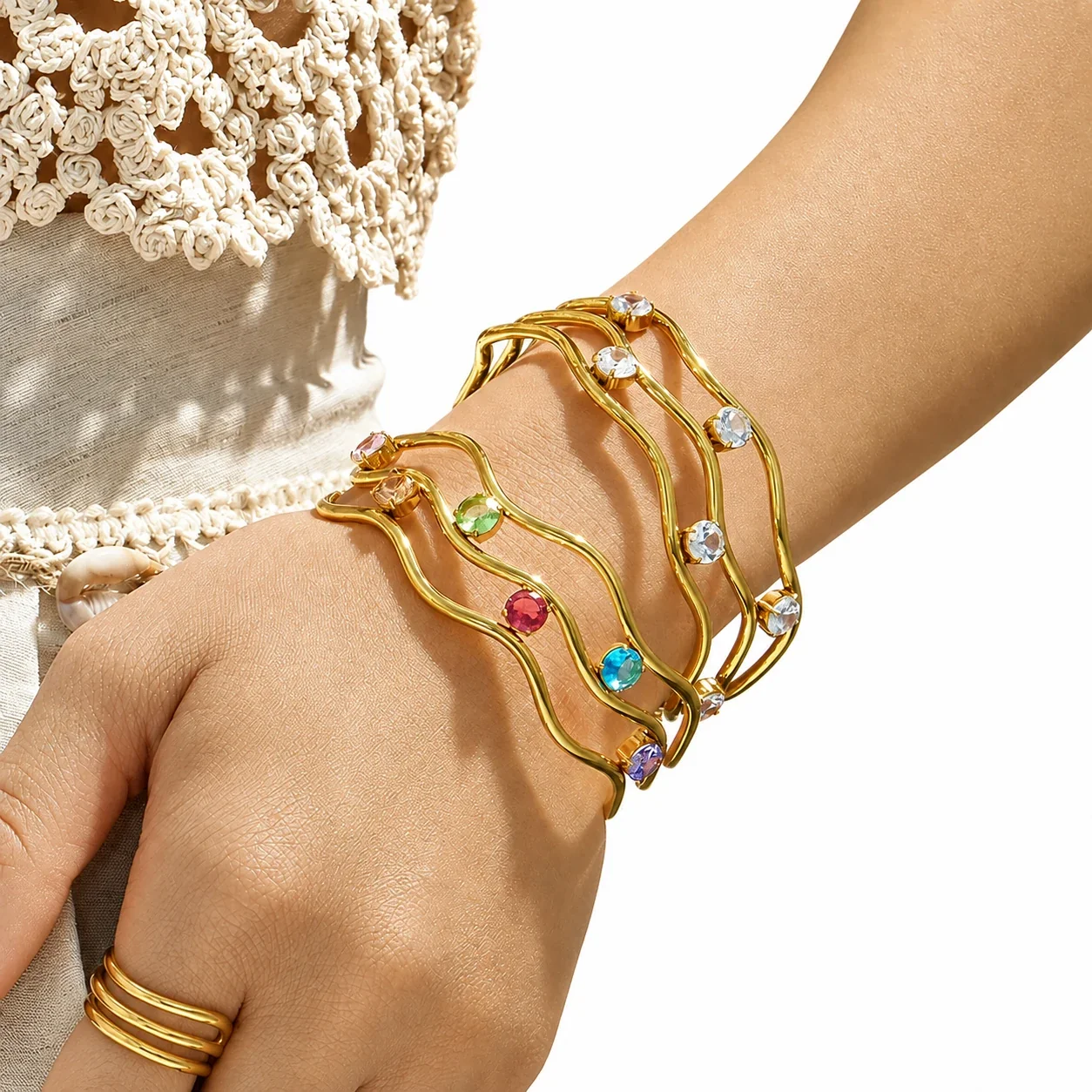 Wavy Triple-Rail 18K Gold-Plated CZ Open Bangle
