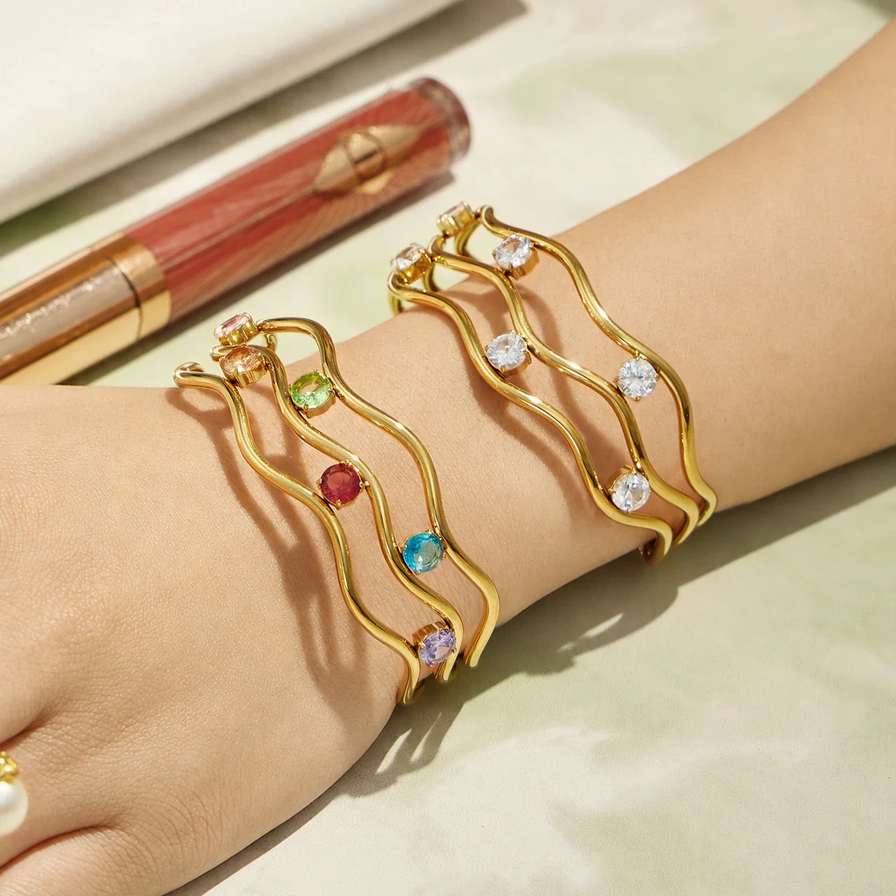 Wavy Triple-Rail 18K Gold-Plated CZ Open Bangle