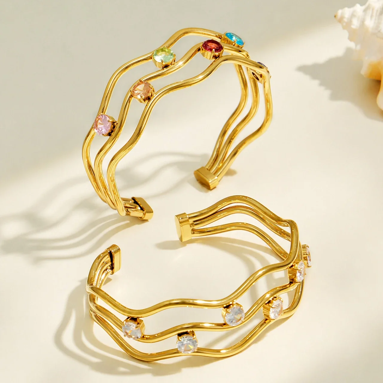 Wavy Triple-Rail 18K Gold-Plated CZ Open Bangle