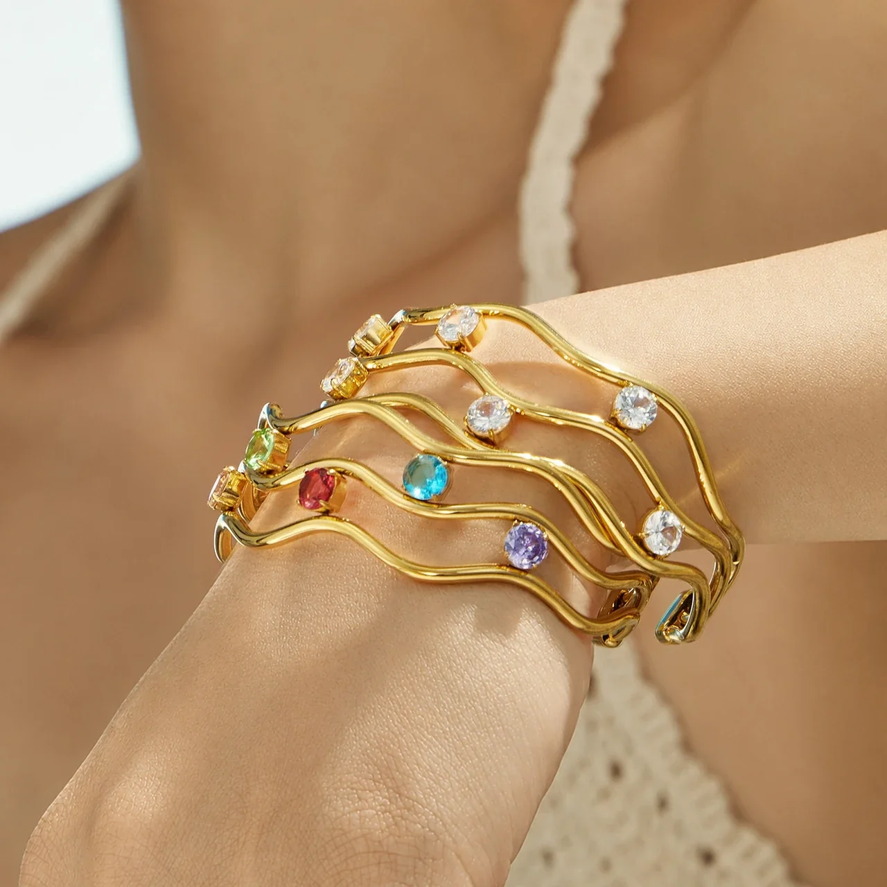 Wavy Triple-Rail 18K Gold-Plated CZ Open Bangle