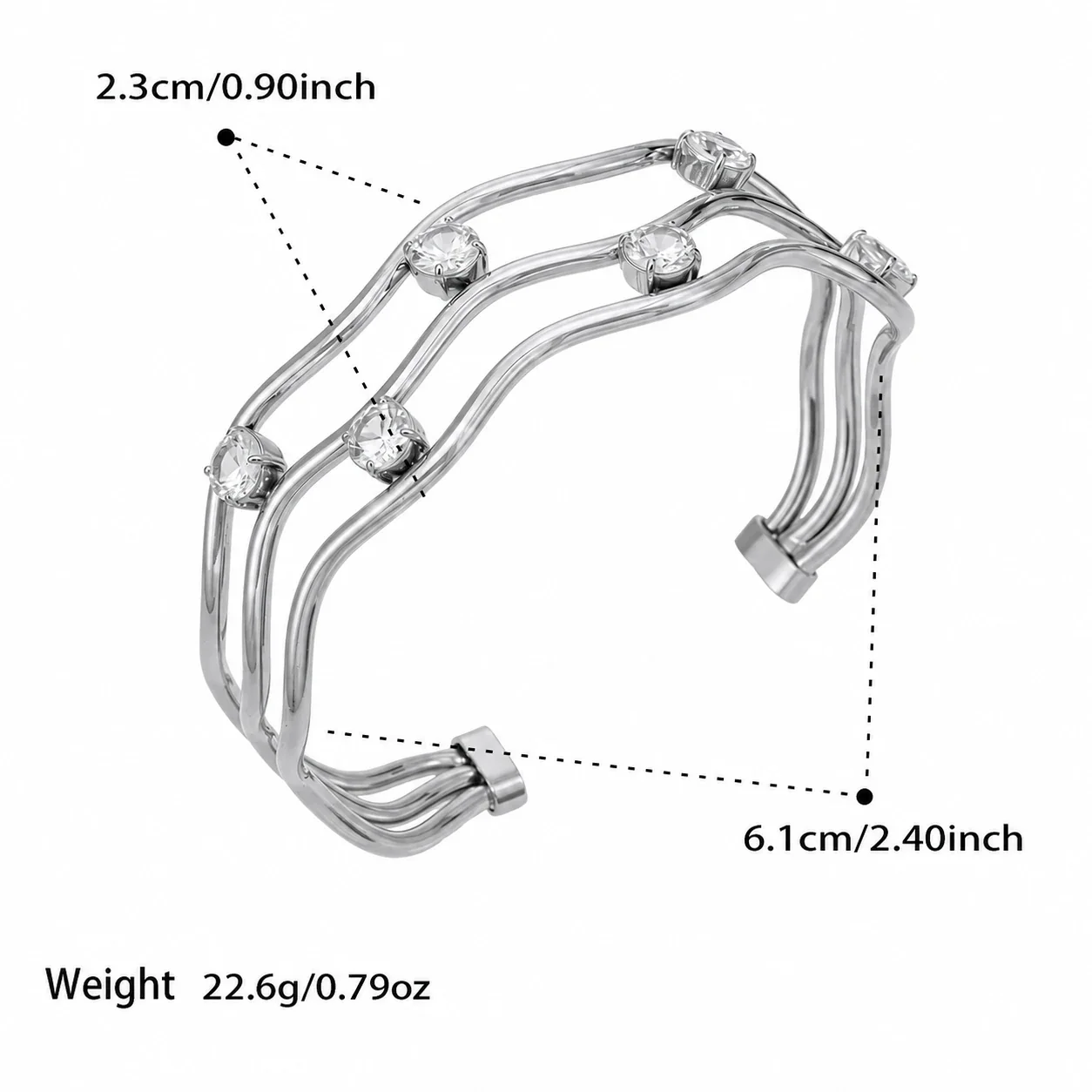 Wavy Triple-Rail 18K Gold-Plated CZ Open Bangle - Steel Clear CZ