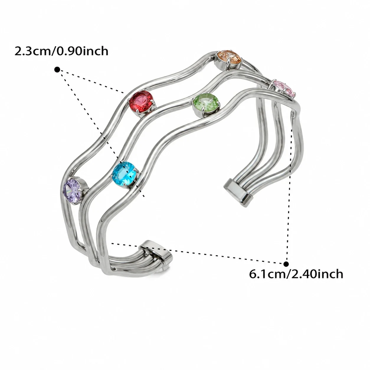 Wavy Triple-Rail 18K Gold-Plated CZ Open Bangle - Steel Multicolor CZ