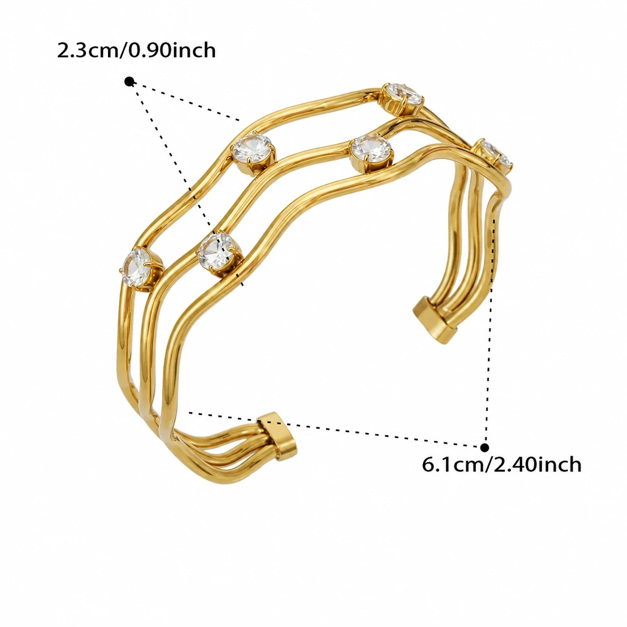 Wavy Triple-Rail 18K Gold-Plated CZ Open Bangle - Gold Clear CZ