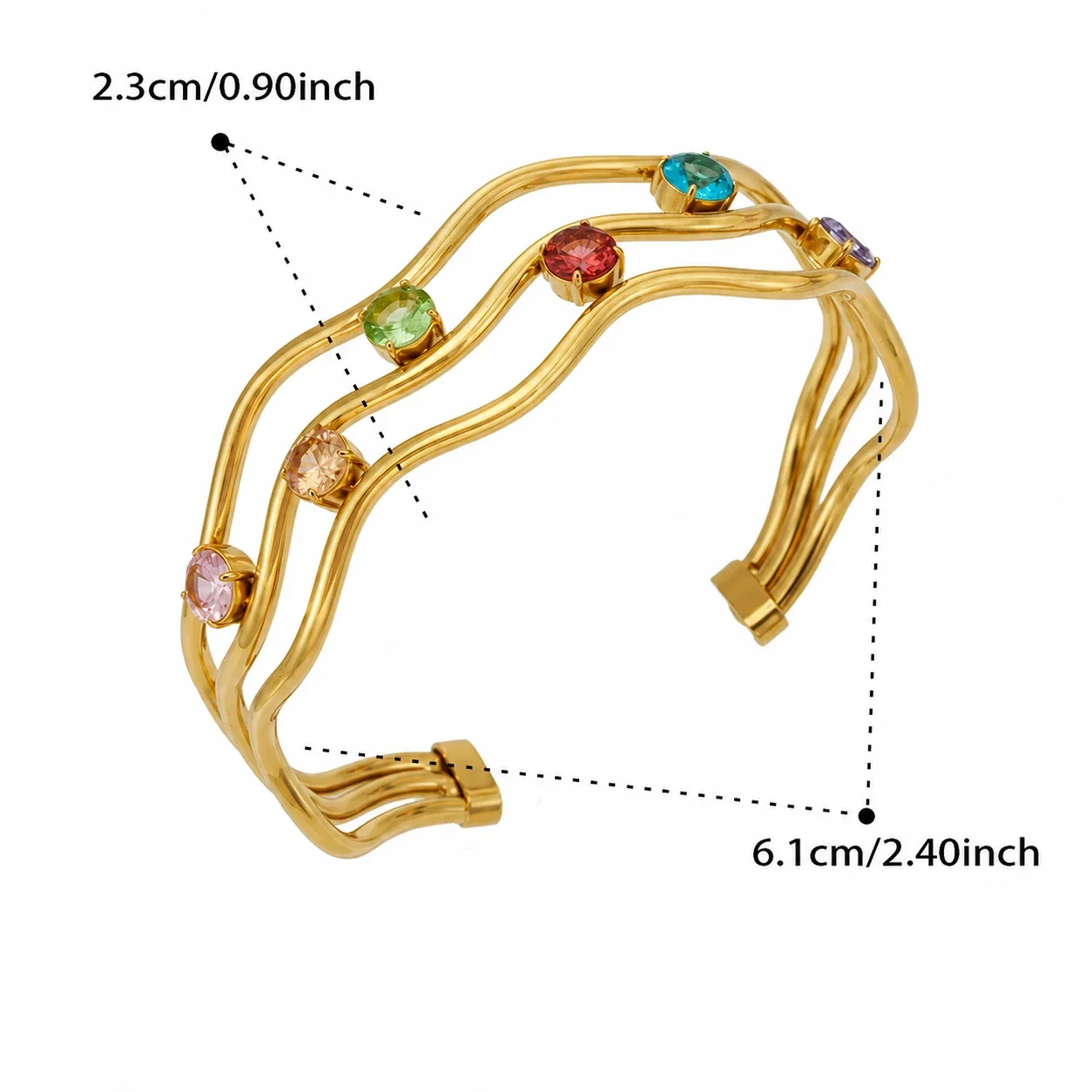 Wavy Triple-Rail 18K Gold-Plated CZ Open Bangle - Gold Multicolor CZ