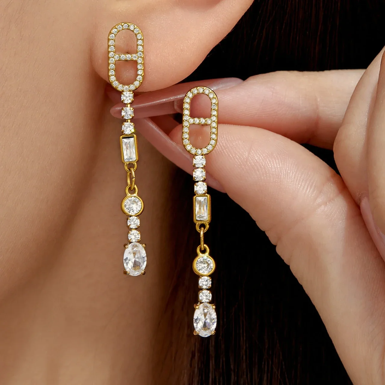 Elongated CZ Link Stainless Steel Drop Earrings