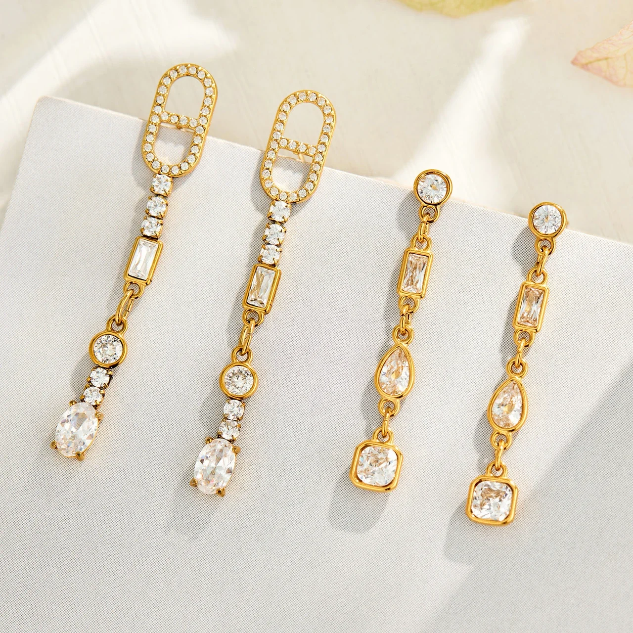 Elongated CZ Link Stainless Steel Drop Earrings
