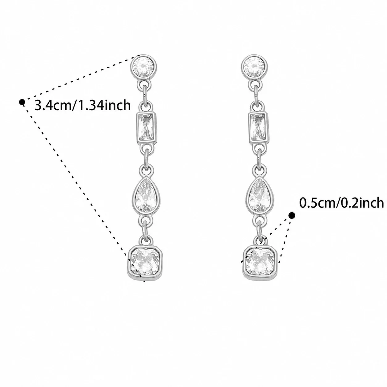 Elongated CZ Link Stainless Steel Drop Earrings - Silver Mixed-Cut CZ