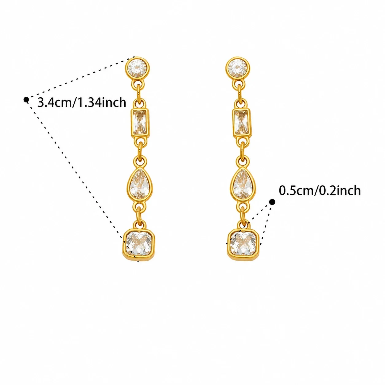 Elongated CZ Link Stainless Steel Drop Earrings - Gold Mixed-Cut CZ