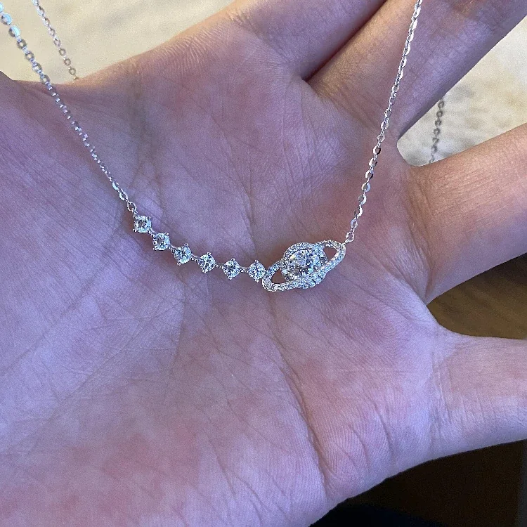 Celestial 925 Sterling Silver Saturn & Star CZ Necklace