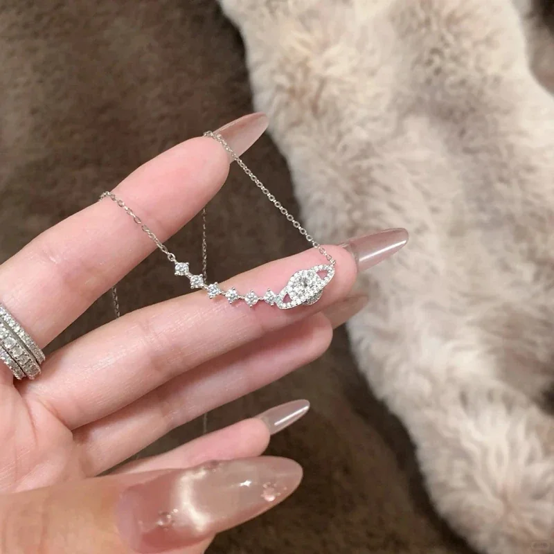 Celestial 925 Sterling Silver Saturn & Star CZ Necklace