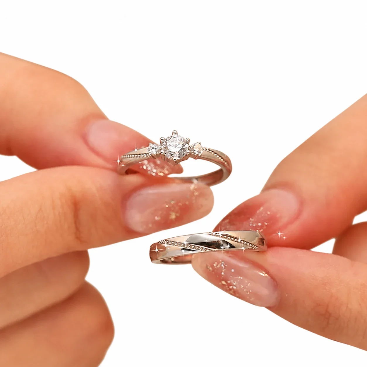 Refined 925 sterling silver twist-band clear crystal Ring Set