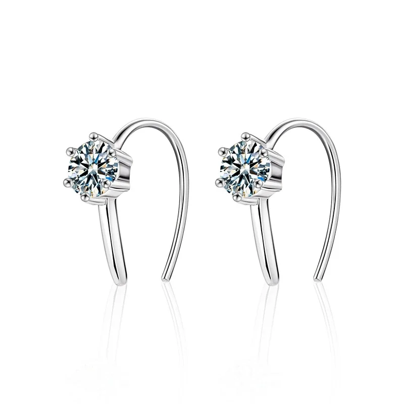 Curved U-Hook Round Moissanite 925 Sterling Silver Earrings