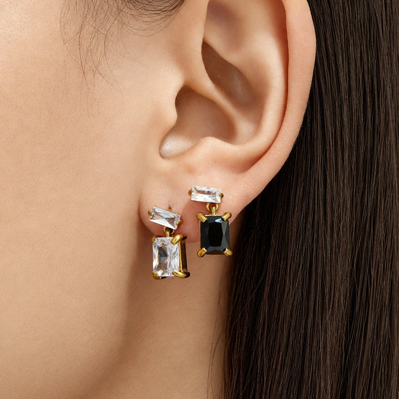 Geometric Gold-Plated Stainless Steel Crystal Drop Earrings