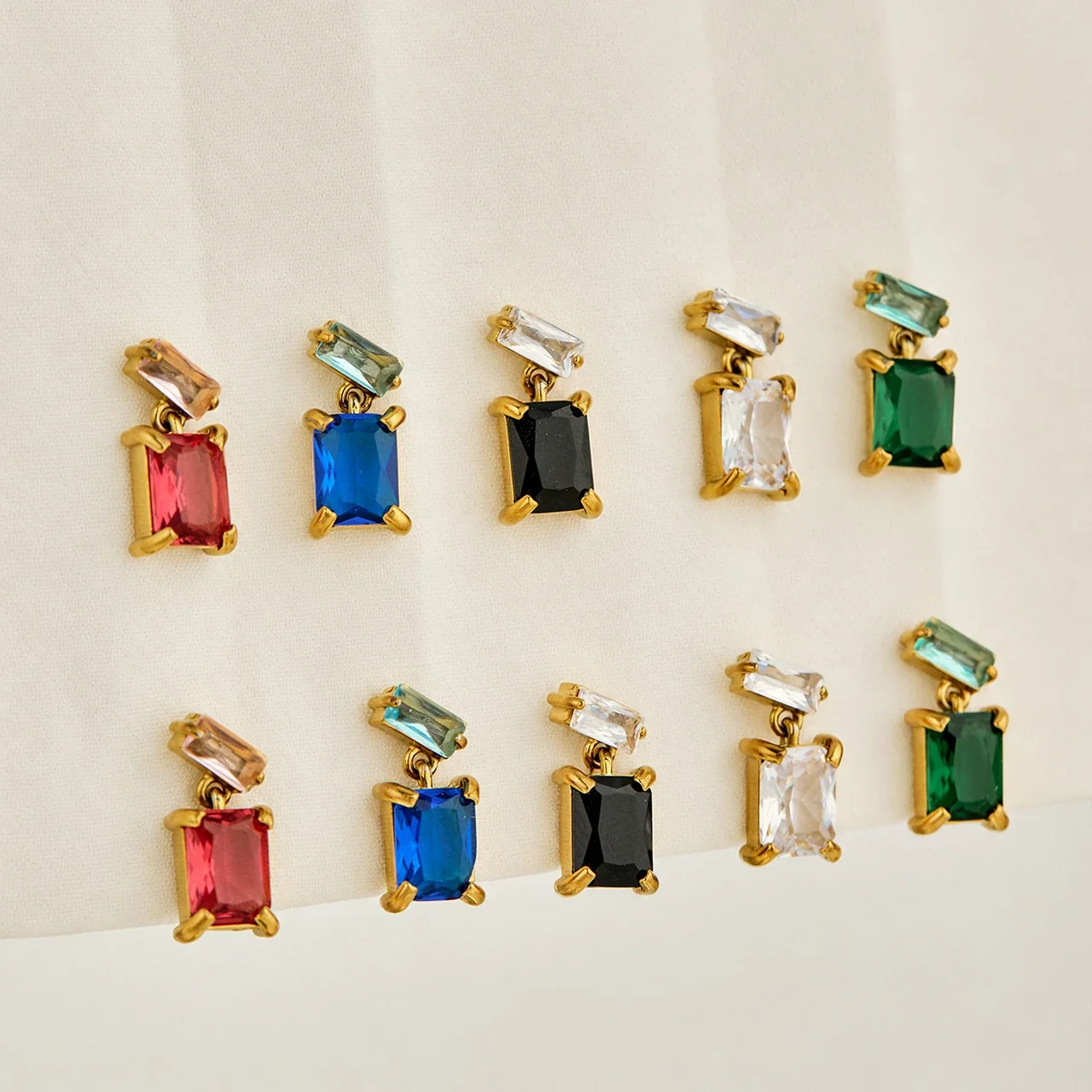 Geometric Gold-Plated Stainless Steel Crystal Drop Earrings