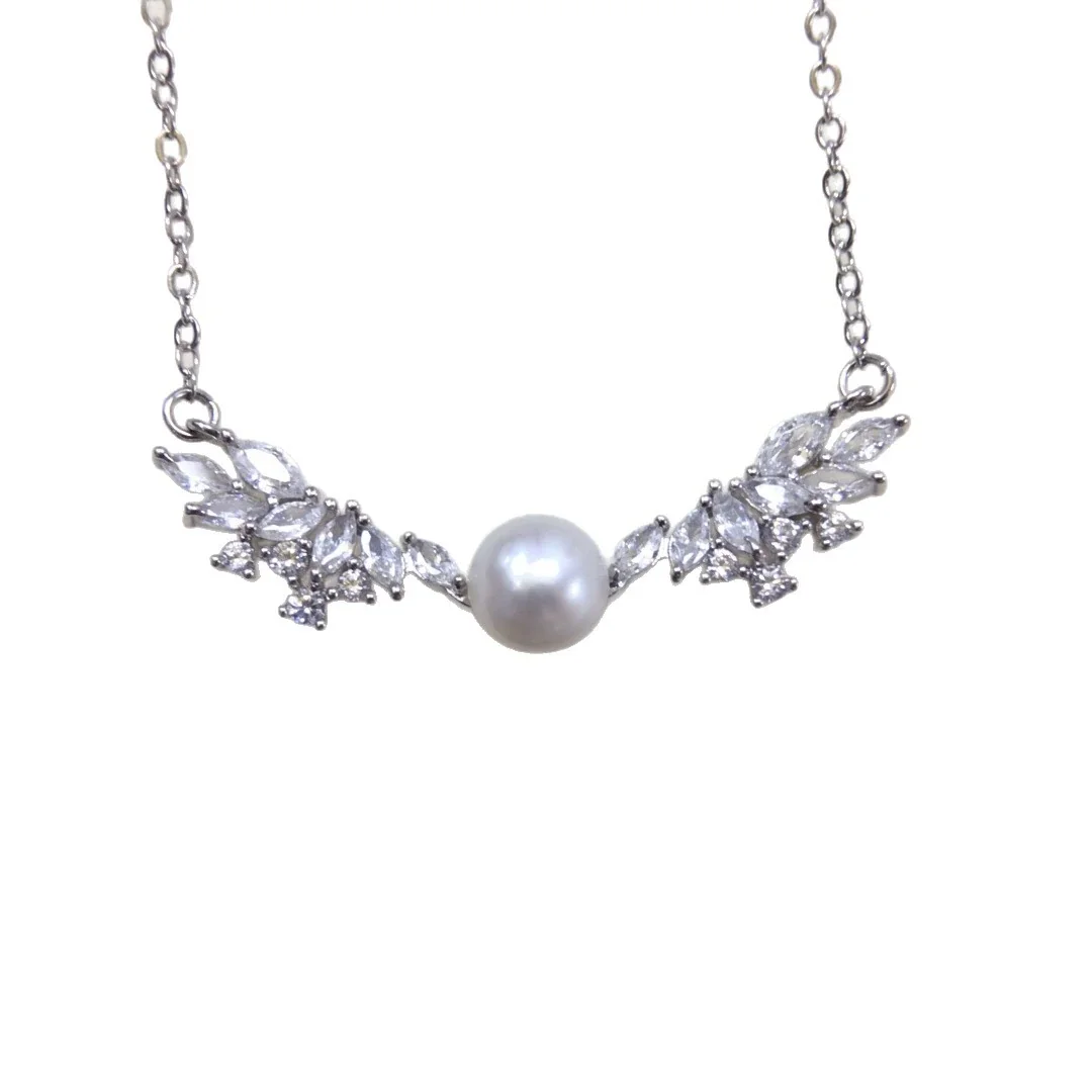 Luminous Silver-Plated Wing Marquise CZ Pearl Necklace