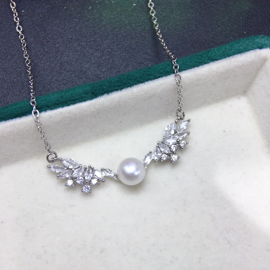 Luminous Silver-Plated Wing Marquise CZ Pearl Necklace