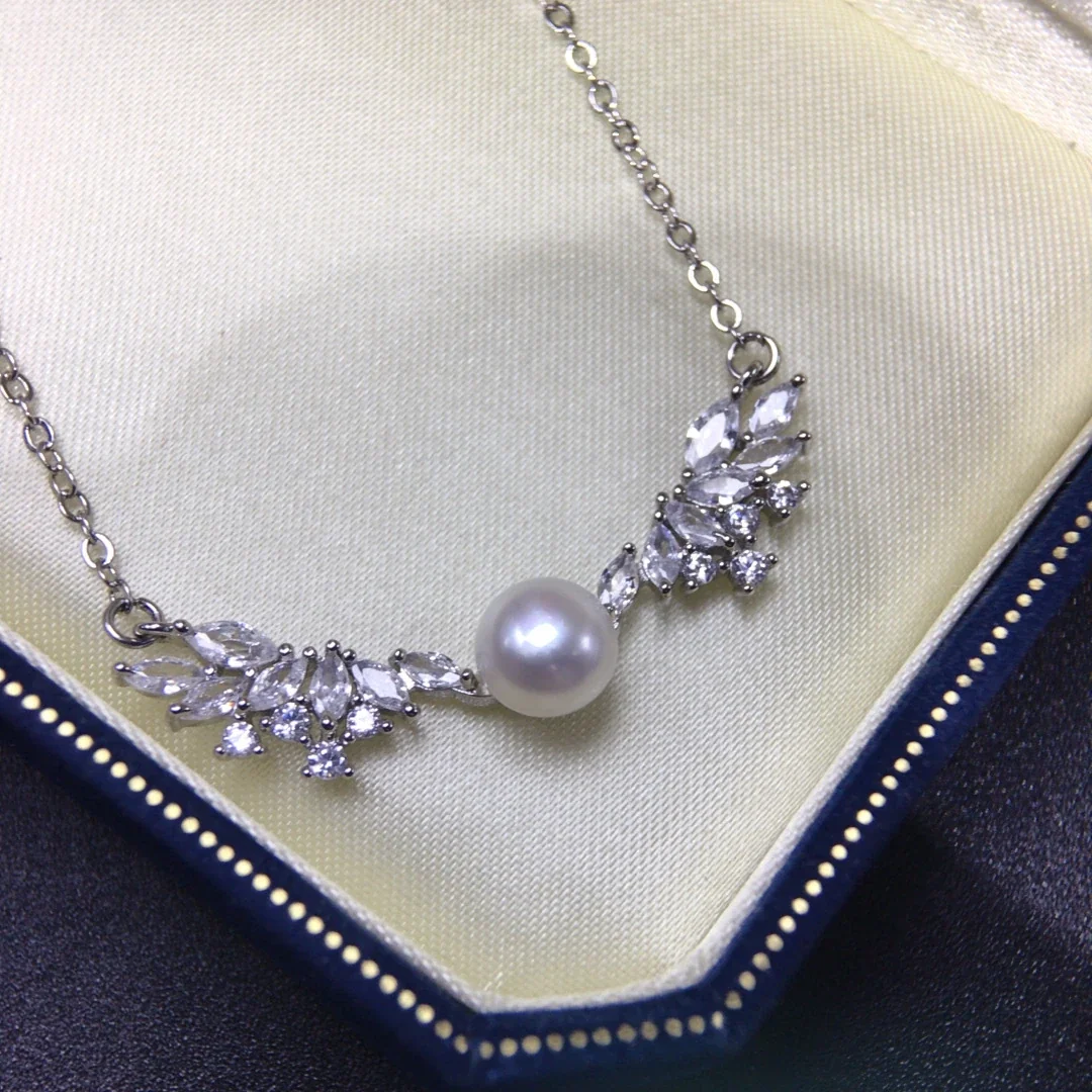 Luminous Silver-Plated Wing Marquise CZ Pearl Necklace
