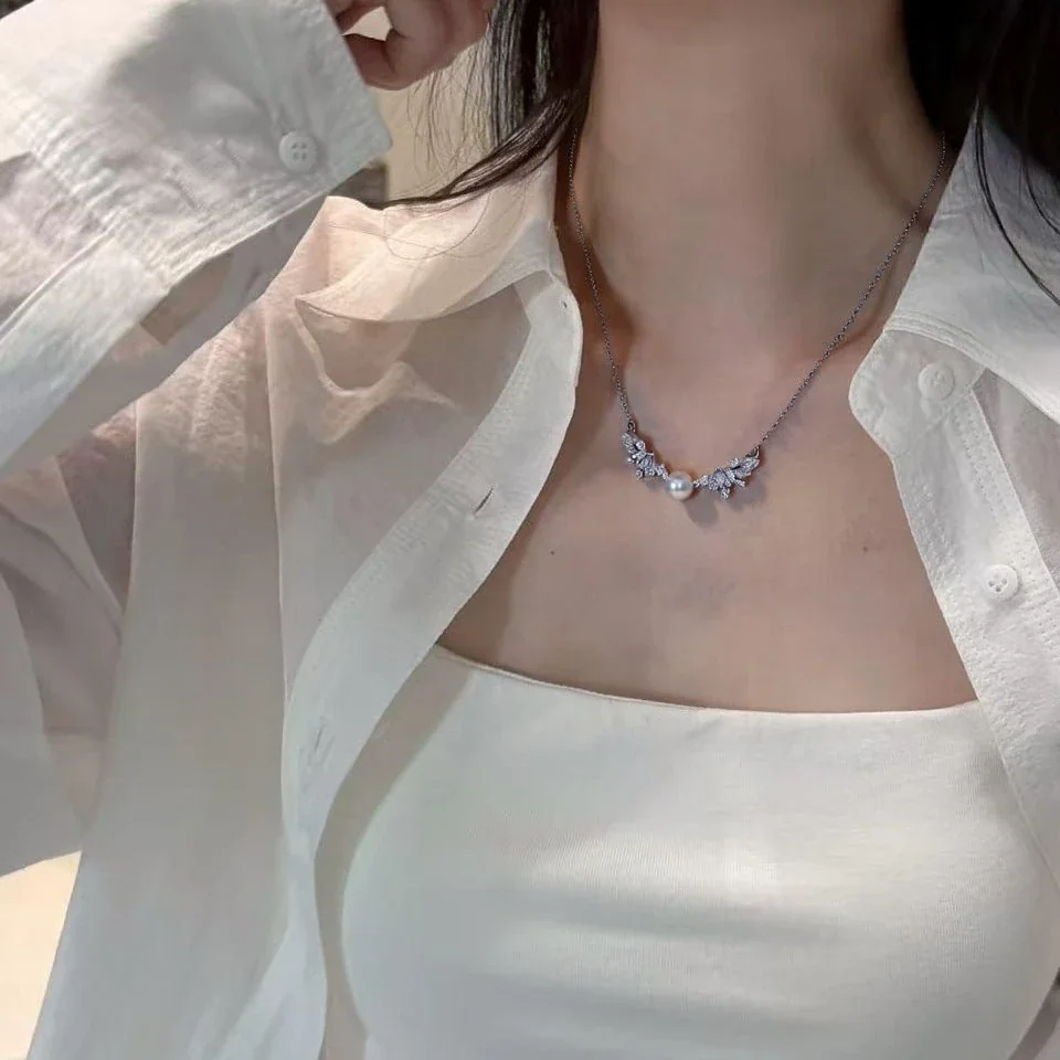 Luminous Silver-Plated Wing Marquise CZ Pearl Necklace