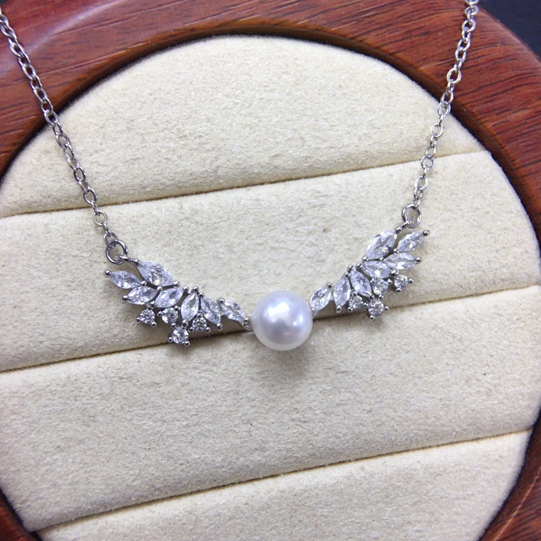 Luminous Silver-Plated Wing Marquise CZ Pearl Necklace